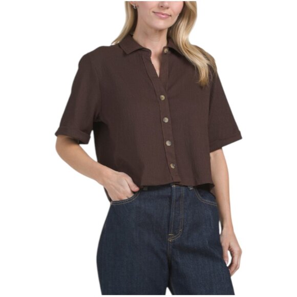 JULES & LEOPOLD BLACK Solid Crinkle Crepe Top - Picture 1 of 2
